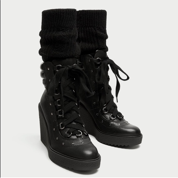 ZARA Lace Up Leather Wedge Stud Combat Boots - Picture 1 of 9